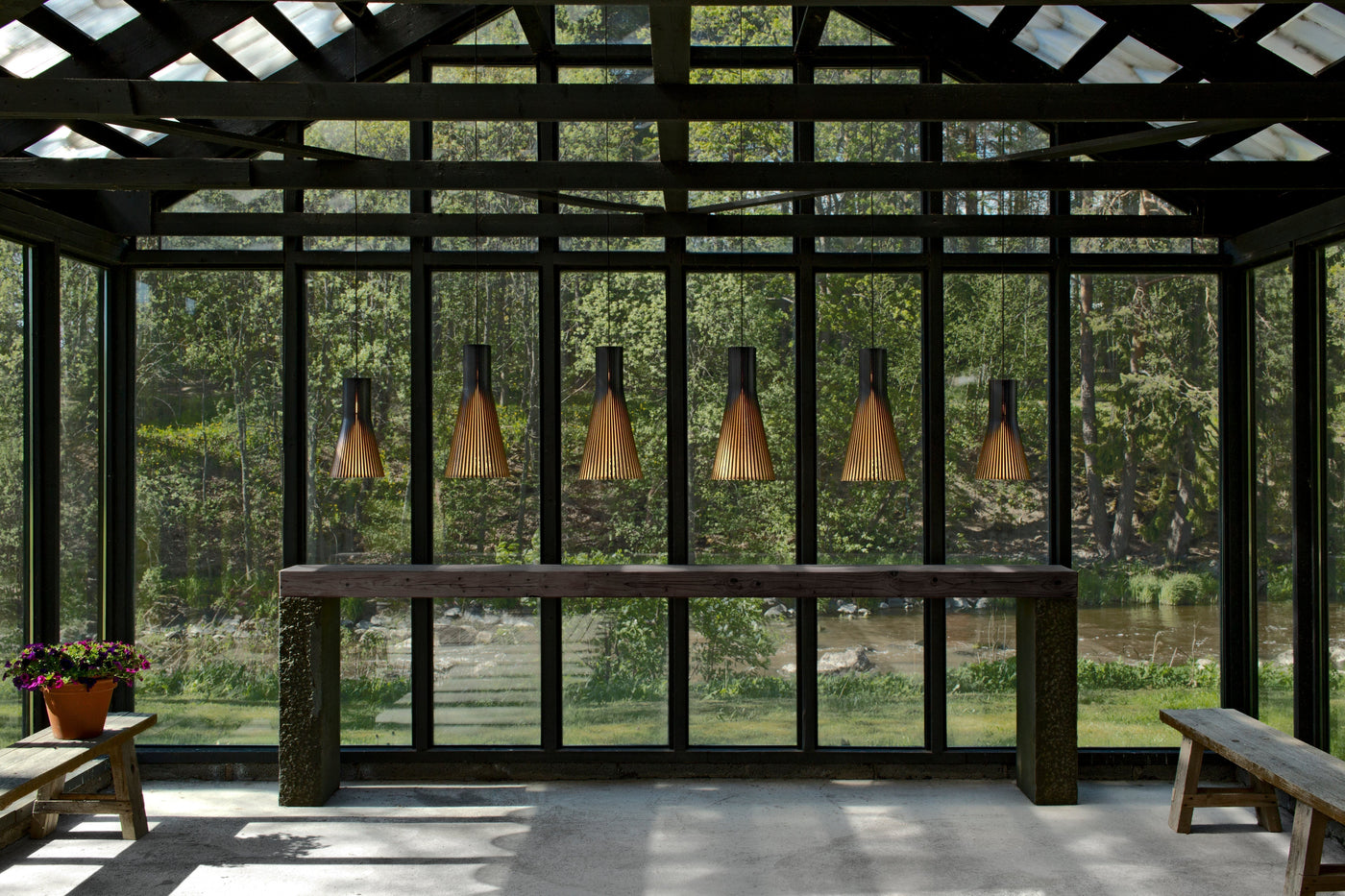 Garden Room lit with Secto Design pendant light crafted from responsibly sourced Finnish birch, eco-friendly and sustainable