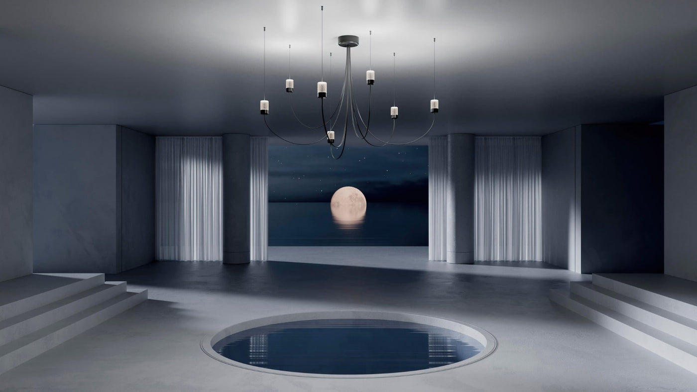 Modern minimalist room with black chandelier, circular pool, and full moon over water view
