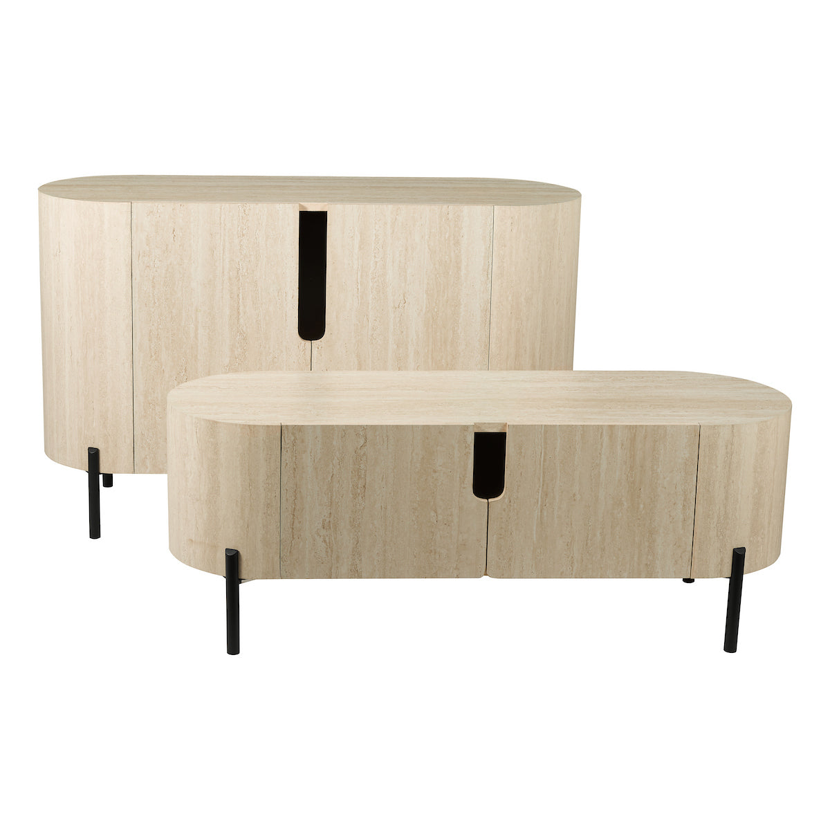 Dar Ioana Low Cabinet Travertine Effect and Matt Black