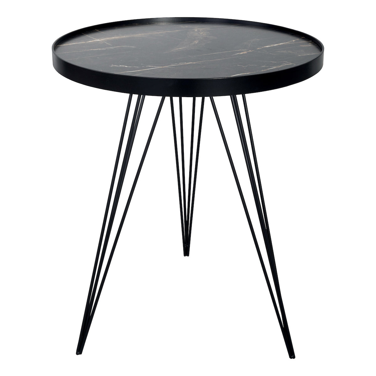 Modern round black side table with marble top and angled metal legs
