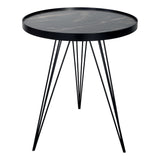 Modern round black side table with marble top and angled metal legs