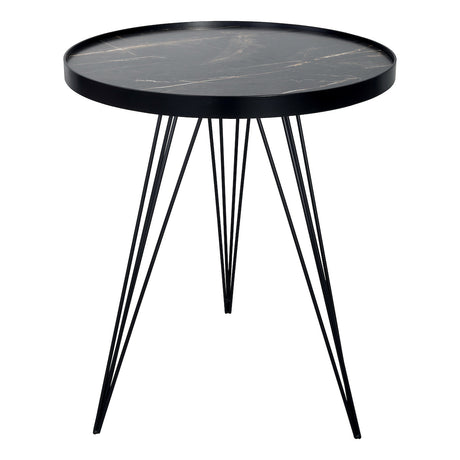 Modern round black side table with marble top and angled metal legs