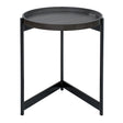 Round dark wood tray side table with black metal legs and modern minimalist design