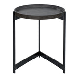 Round dark wood tray side table with black metal legs and modern minimalist design