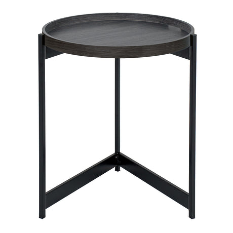 Round dark wood tray side table with black metal legs and modern minimalist design