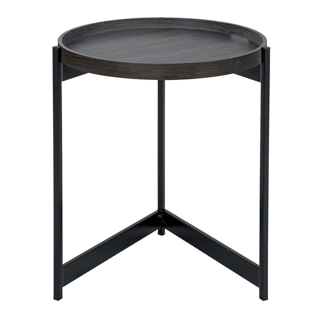 Round dark wood tray side table with black metal legs and modern minimalist design