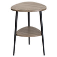 Modern triangular wooden side table with black metal legs and lower shelf