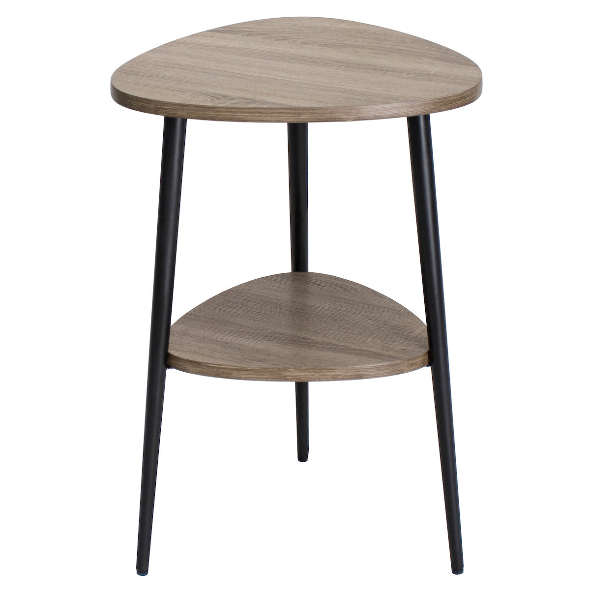 Modern triangular wooden side table with black metal legs and lower shelf