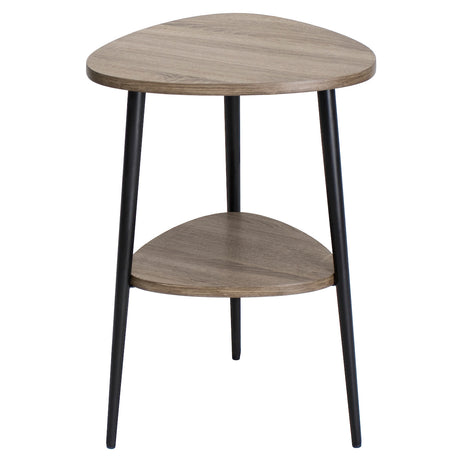 Modern triangular wooden side table with black metal legs and lower shelf