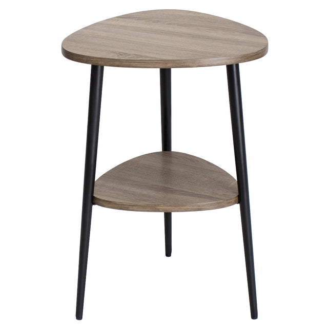 Modern triangular wooden side table with black metal legs and lower shelf