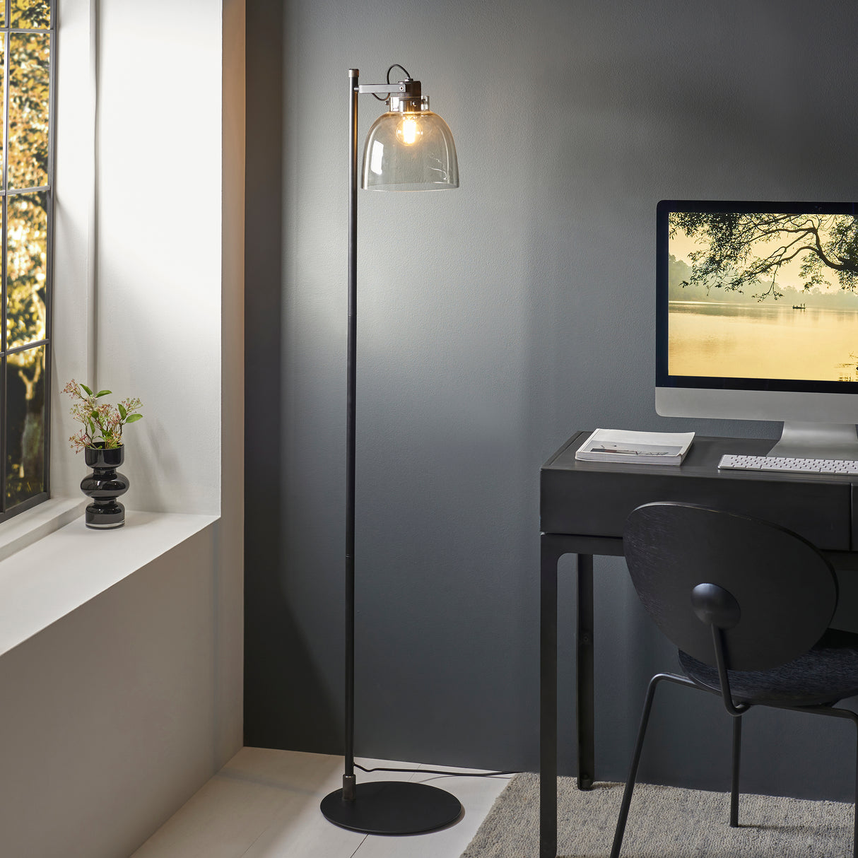 Endon Urban Task Floor Lamp Smokey grey tinted glass & black chrome