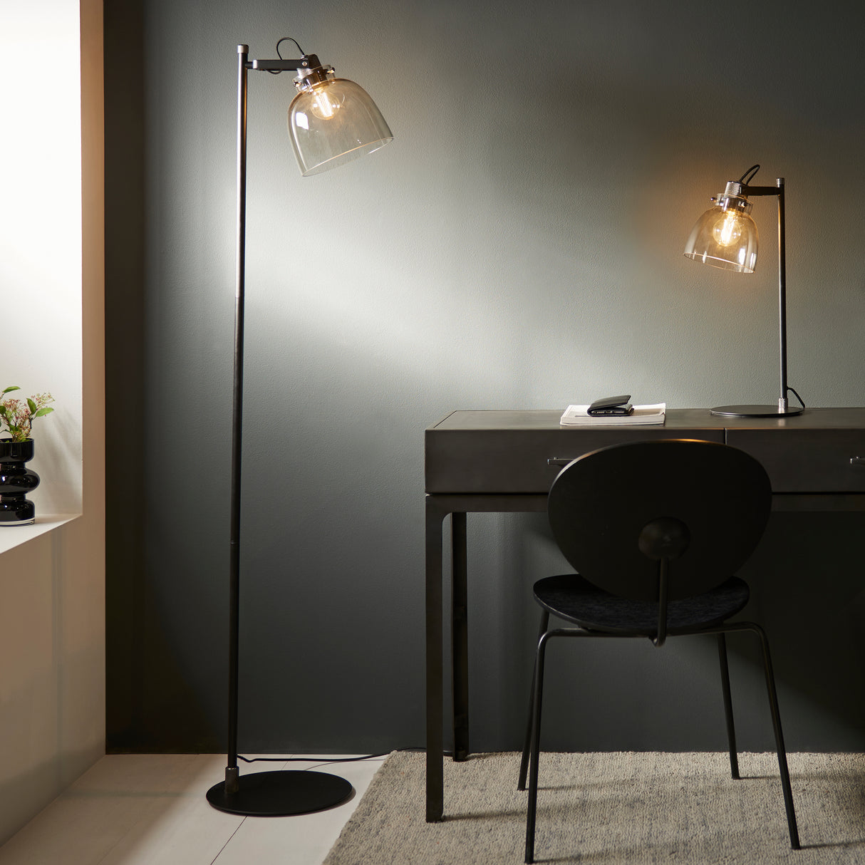 Endon Urban Task Floor Lamp Smokey grey tinted glass & black chrome