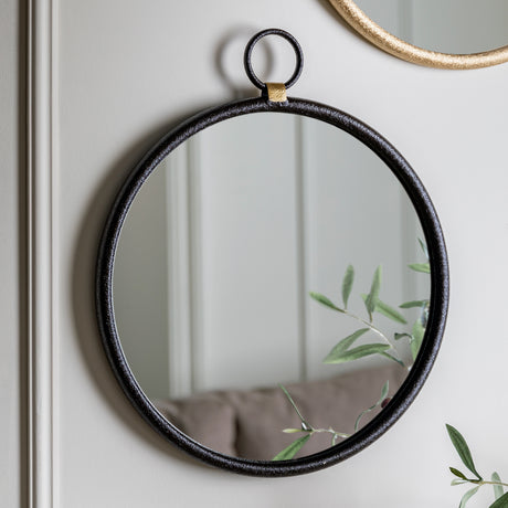 Amos Matt black hanging loop medium round mirror –  from Amos Lighting + Home