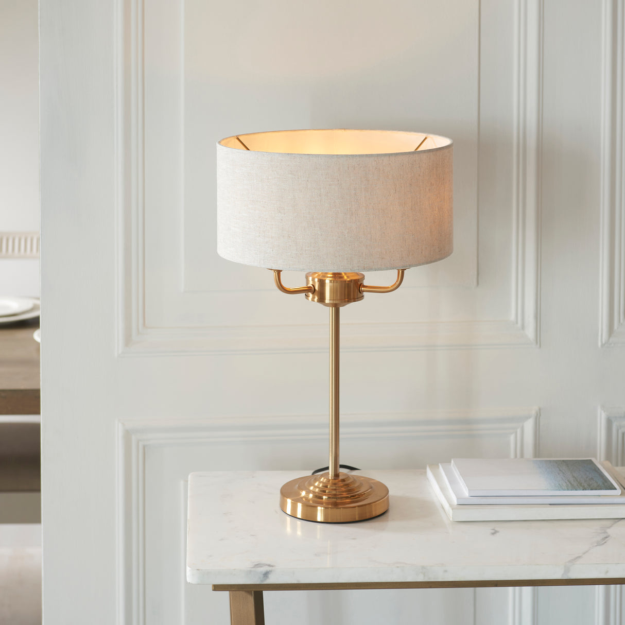 Endon Highclere Table Lamp Vintage Brass & Linen