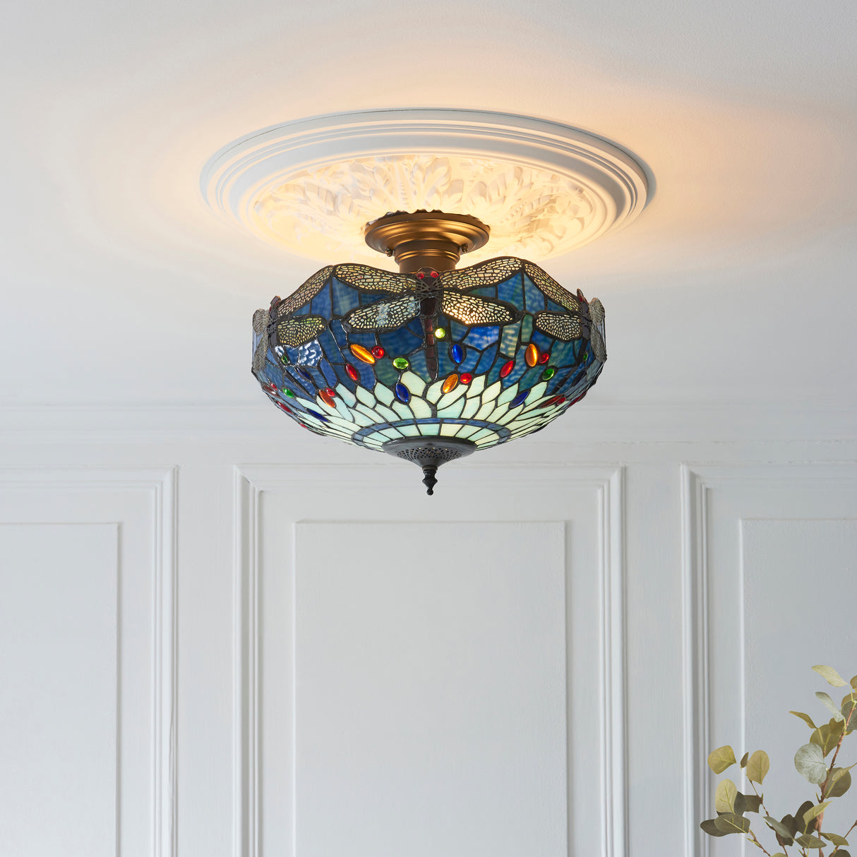 Tiffany Dragonfly Blue 3lt Semi Flush Ceiling Light