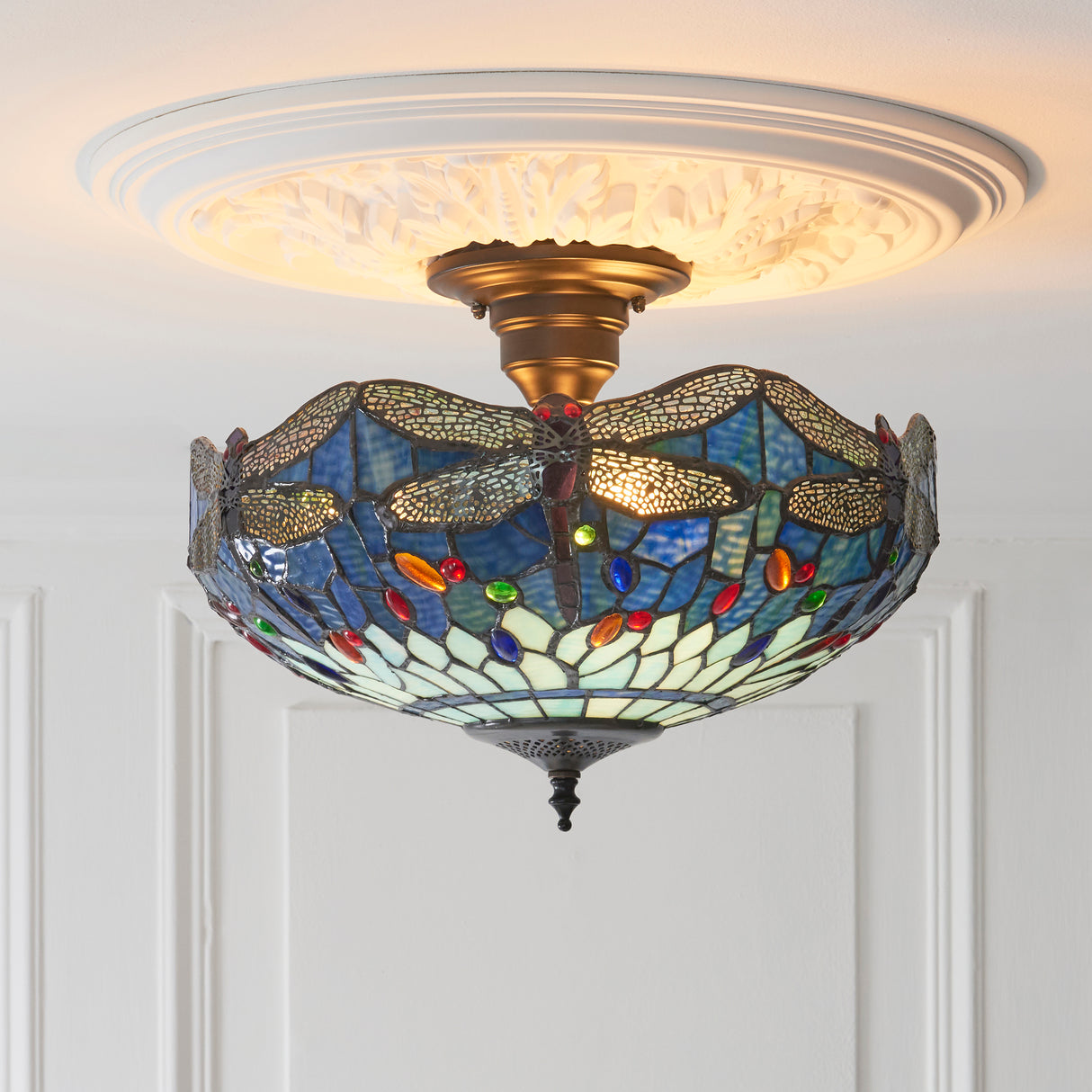 Tiffany Dragonfly Blue 3lt Semi Flush Ceiling Light