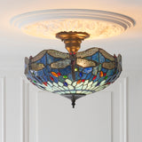 Tiffany Dragonfly Blue 3lt Semi Flush Ceiling Light