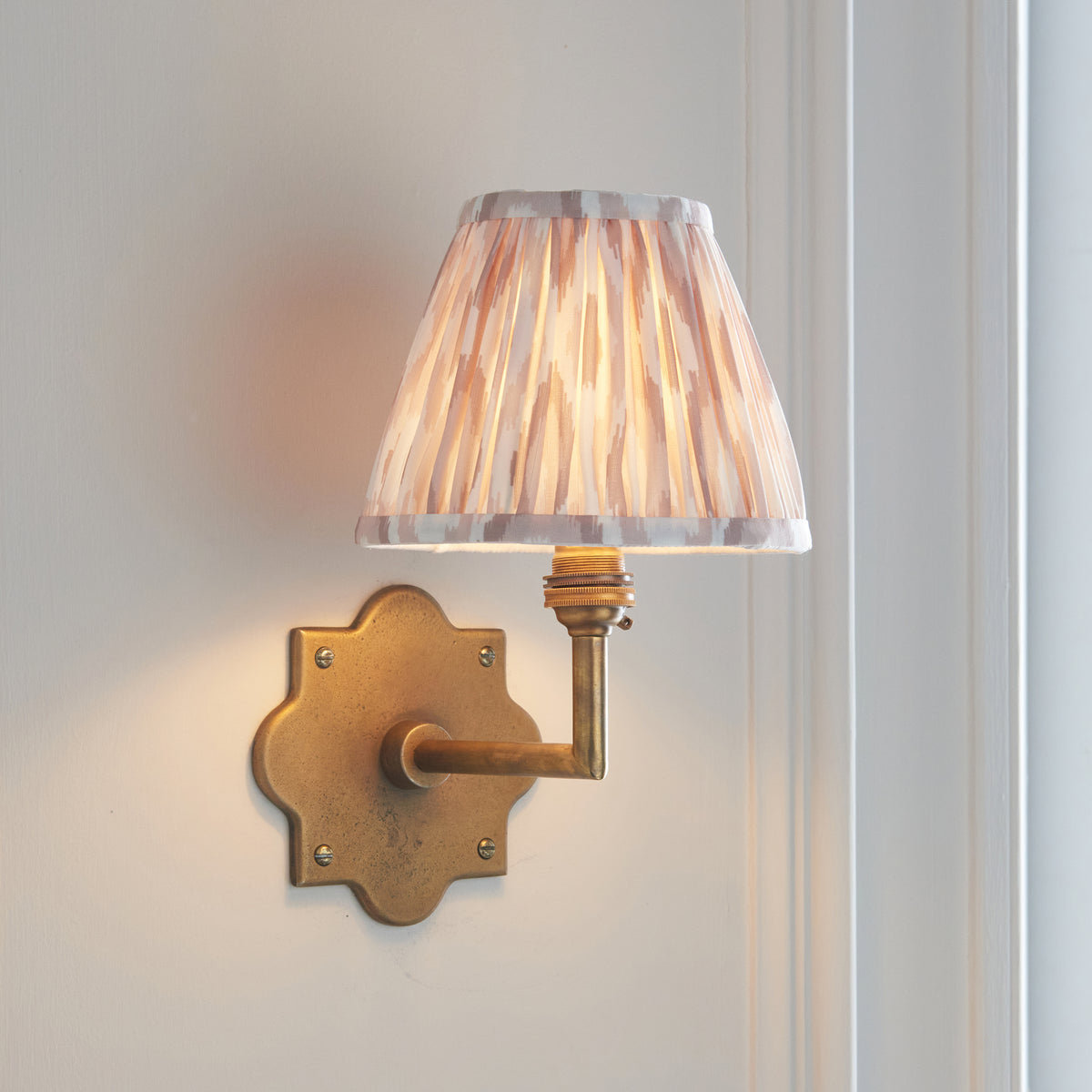 Endon Anvil Angle & Ikat 16cm Wall Antique brass & neutral print fabric