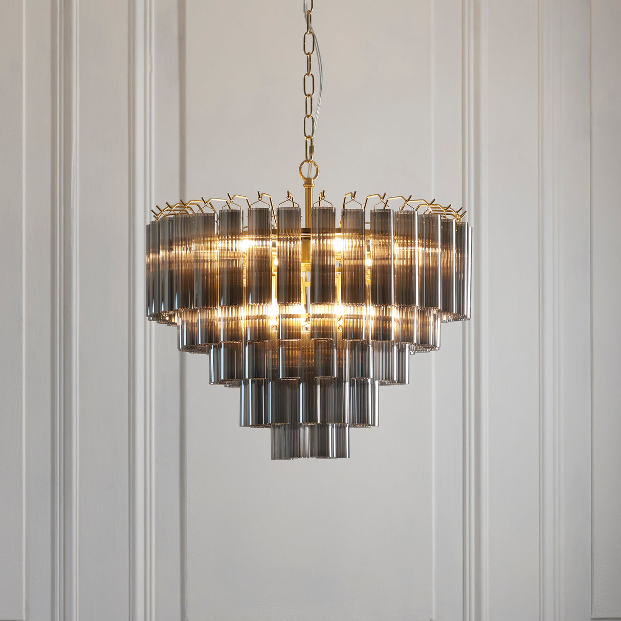 Endon Toulouse Chandelier Satin Brass & Smokey Grey Ribbed Glass
