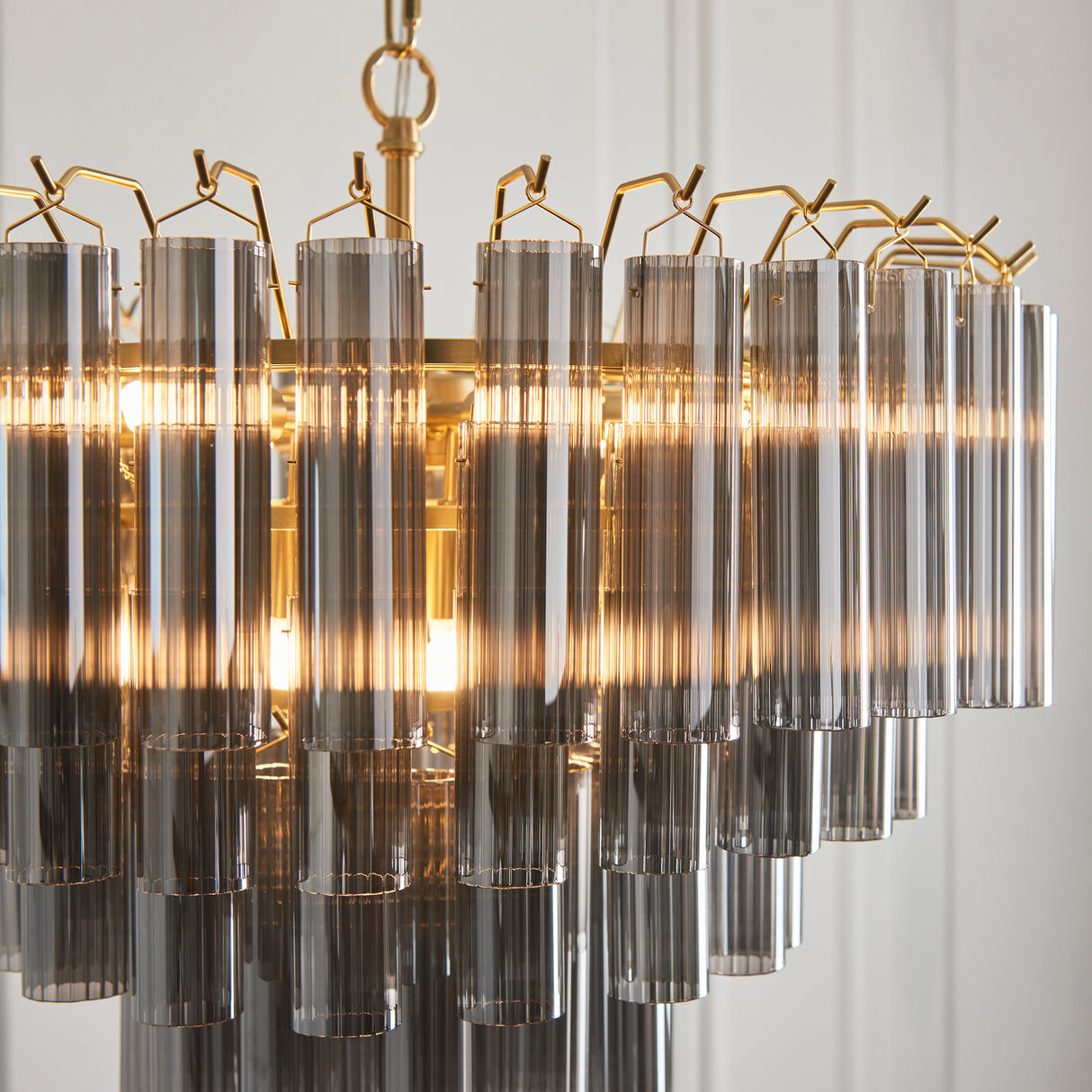 Endon Toulouse Chandelier Satin Brass & Smokey Grey Ribbed Glass