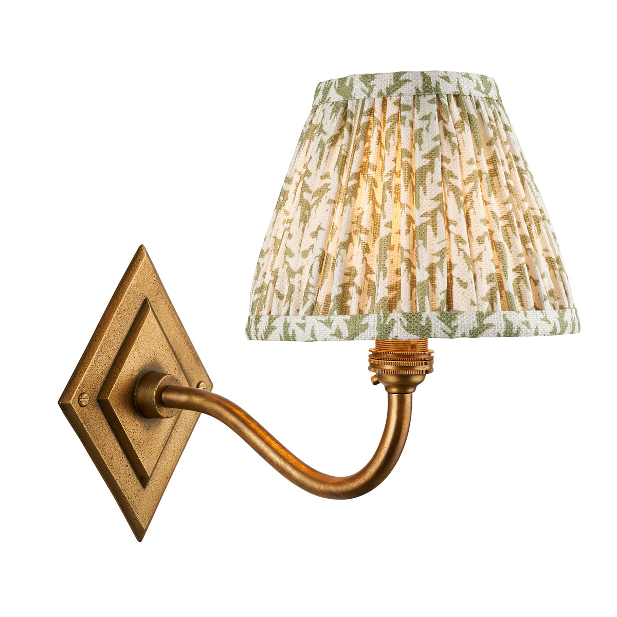 Endon Diamond Curve & Leaf 16cm Wall Antique brass & herb garden green fabric