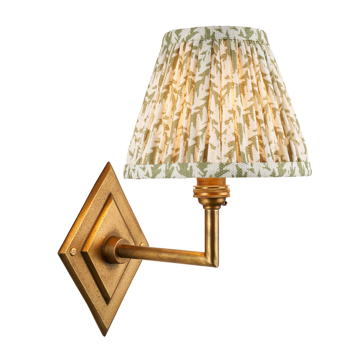 Endon Diamond Angle & Leaf 16cm Wall Antique brass & herb garden green fabric