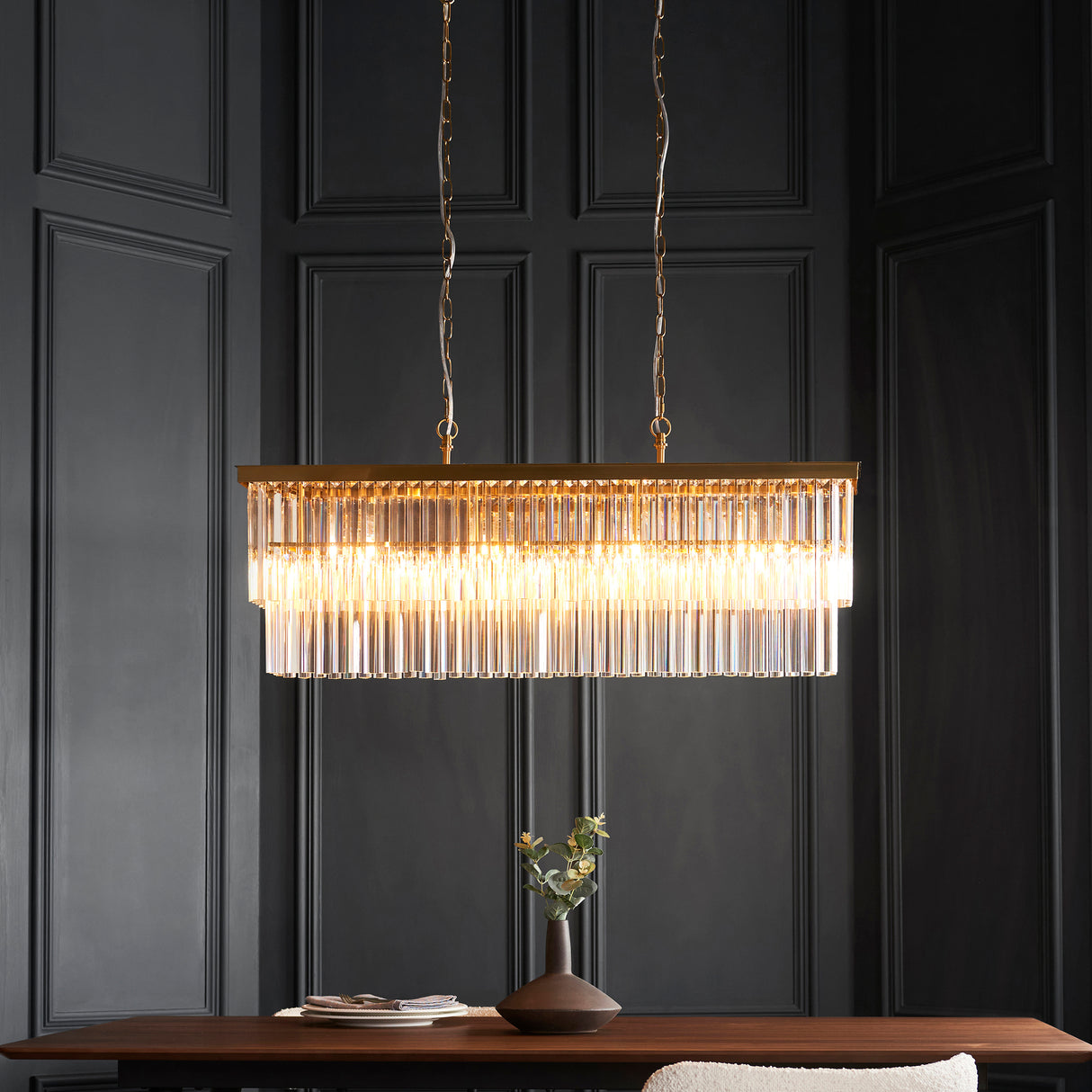 Endon Conaston 4lt Linear Pendant Brushed aged brass plate & clear cut glass