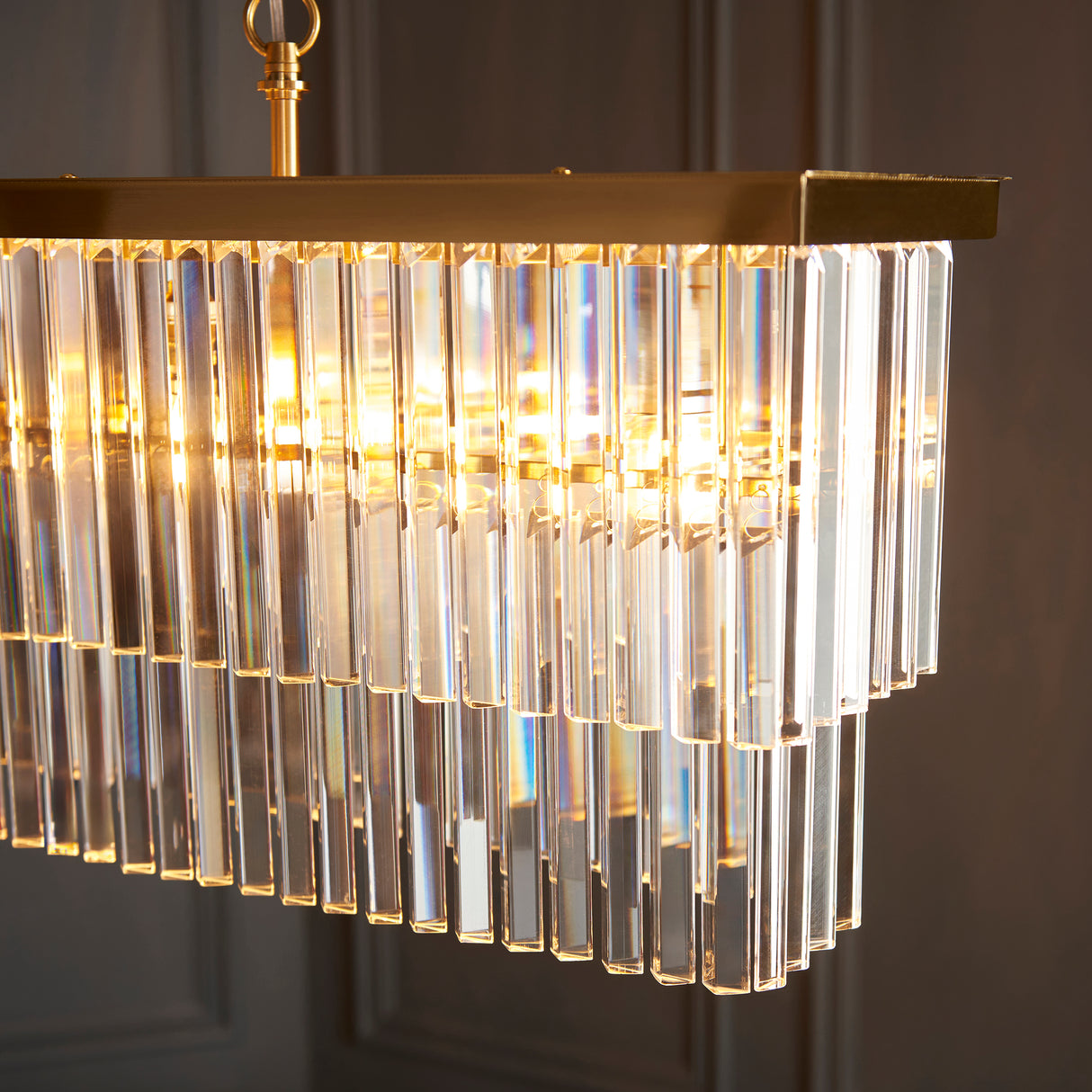 Endon Conaston 4lt Linear Pendant Brushed aged brass plate & clear cut glass