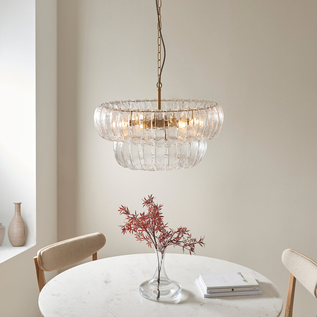 Endon Montrose 6lt Pendant Brushed aged brass plate & handmade clear textured glass