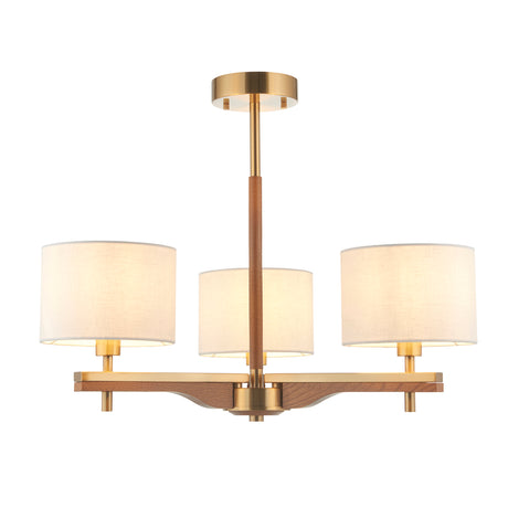 Endon Heathcliff 3lt Semi Flush Brass, Oak Stained Wood & Shade