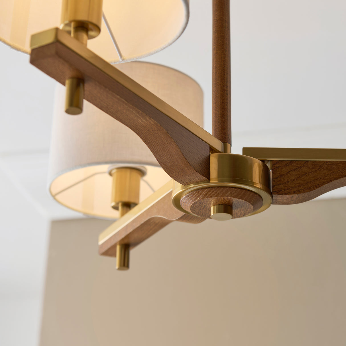 Endon Heathcliff 3lt Semi Flush Brass, Oak Stained Wood & Shade