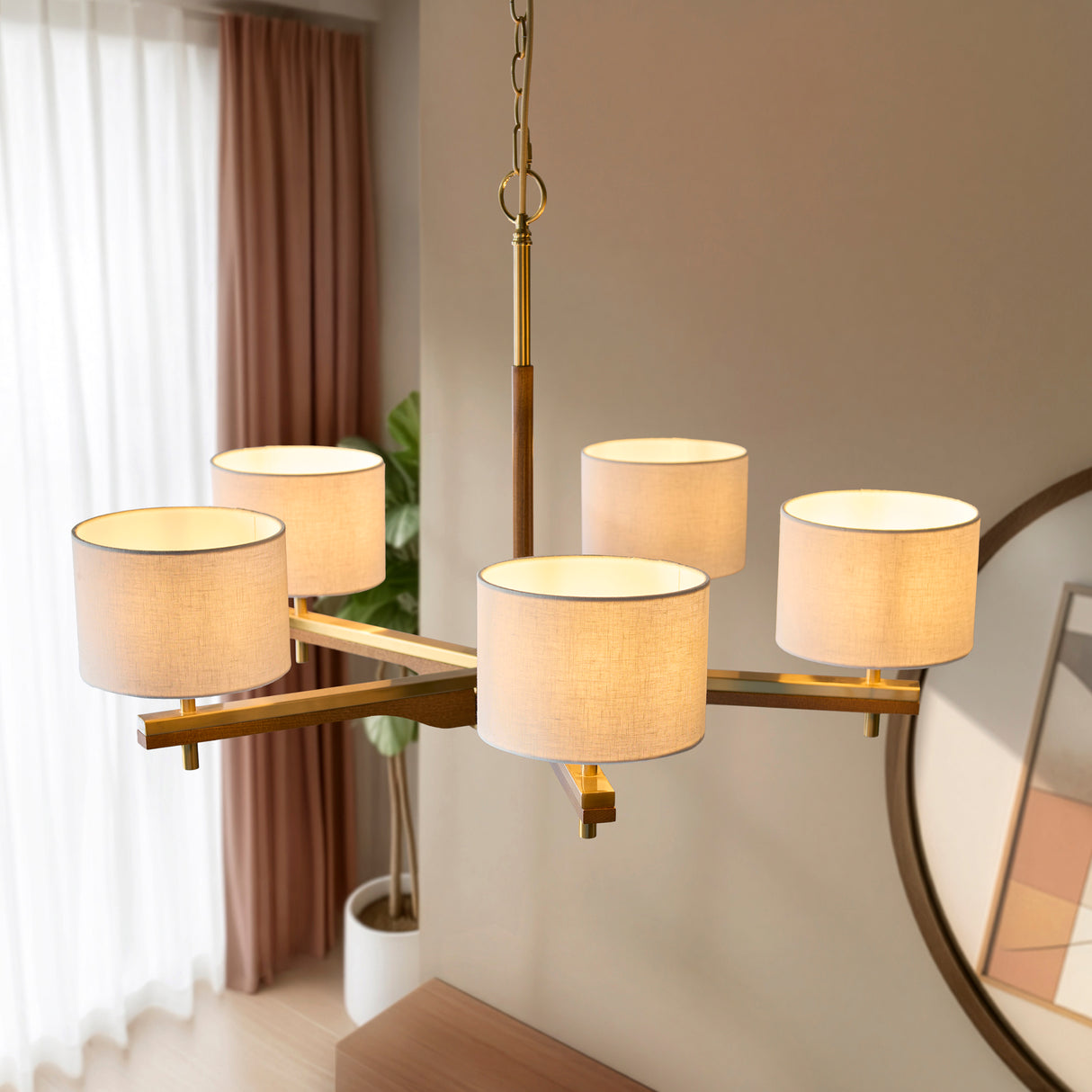 Endon Heathcliff 5lt Pendant Chandelier Brass, Oak Stained Wood & Shades