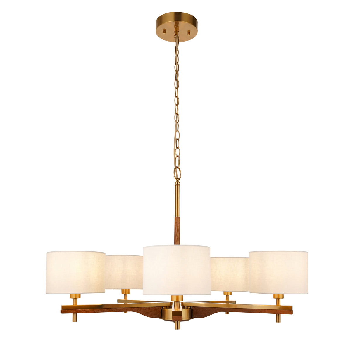 Endon Heathcliff 5lt Pendant Chandelier Brass, Oak Stained Wood & Shades
