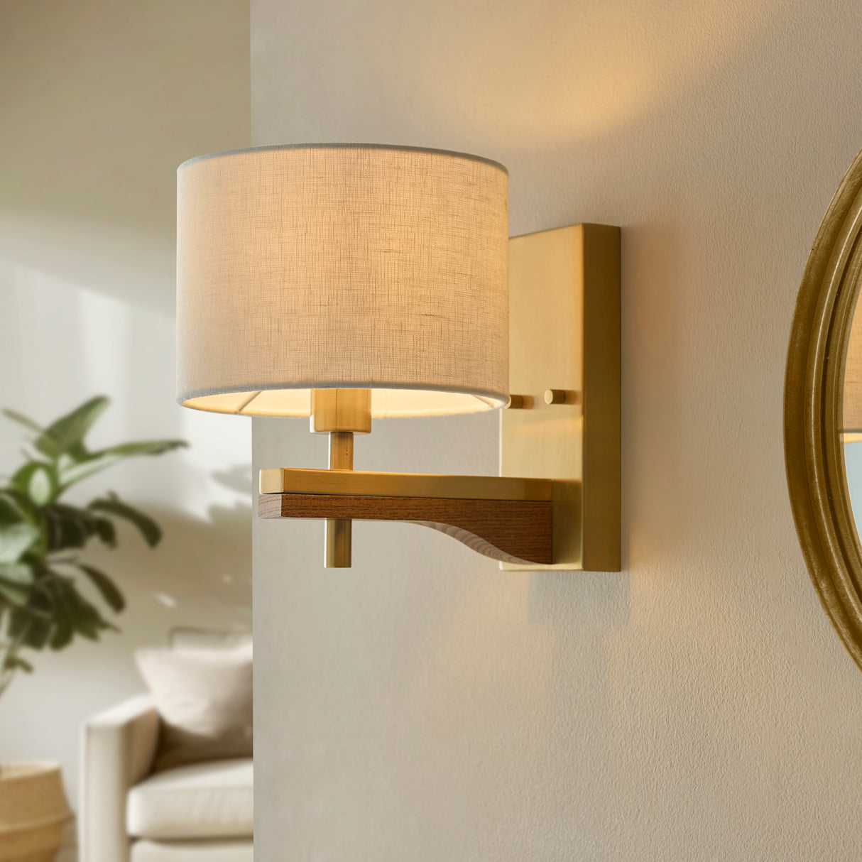 Endon Heathcliff Wall Light Brass, Oak Stained Wood & Shade