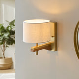 Endon Heathcliff Wall Light Brass, Oak Stained Wood & Shade