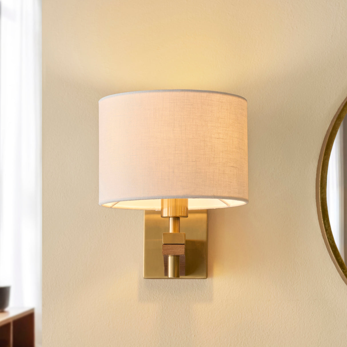 Endon Heathcliff Wall Light Brass, Oak Stained Wood & Shade