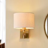 Endon Heathcliff Wall Light Brass, Oak Stained Wood & Shade