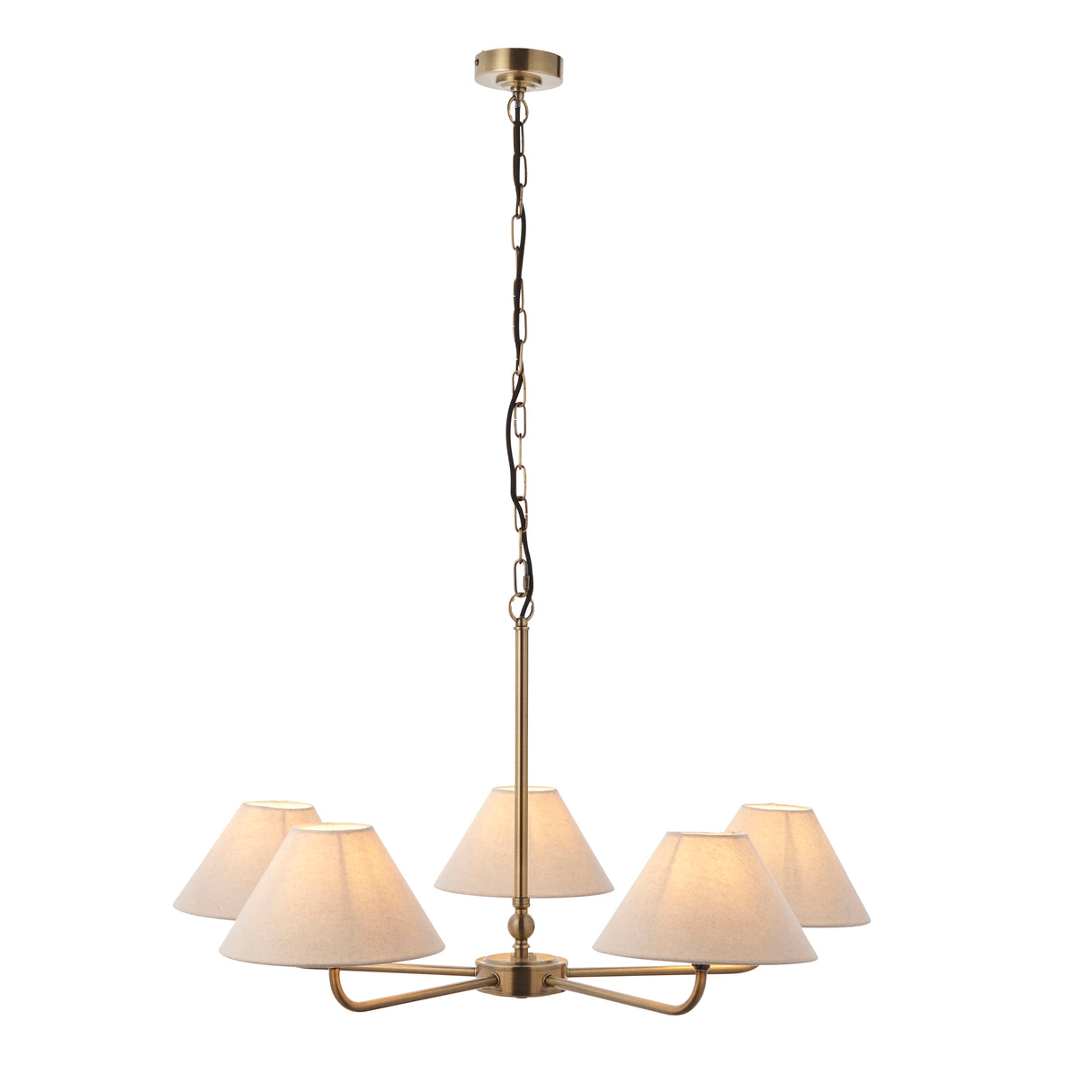 Endon Lille 5lt Pendant Antique brass plate & natural faux linen