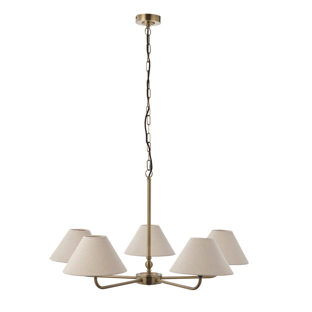 Endon Lille 5lt Pendant Antique brass plate & natural faux linen