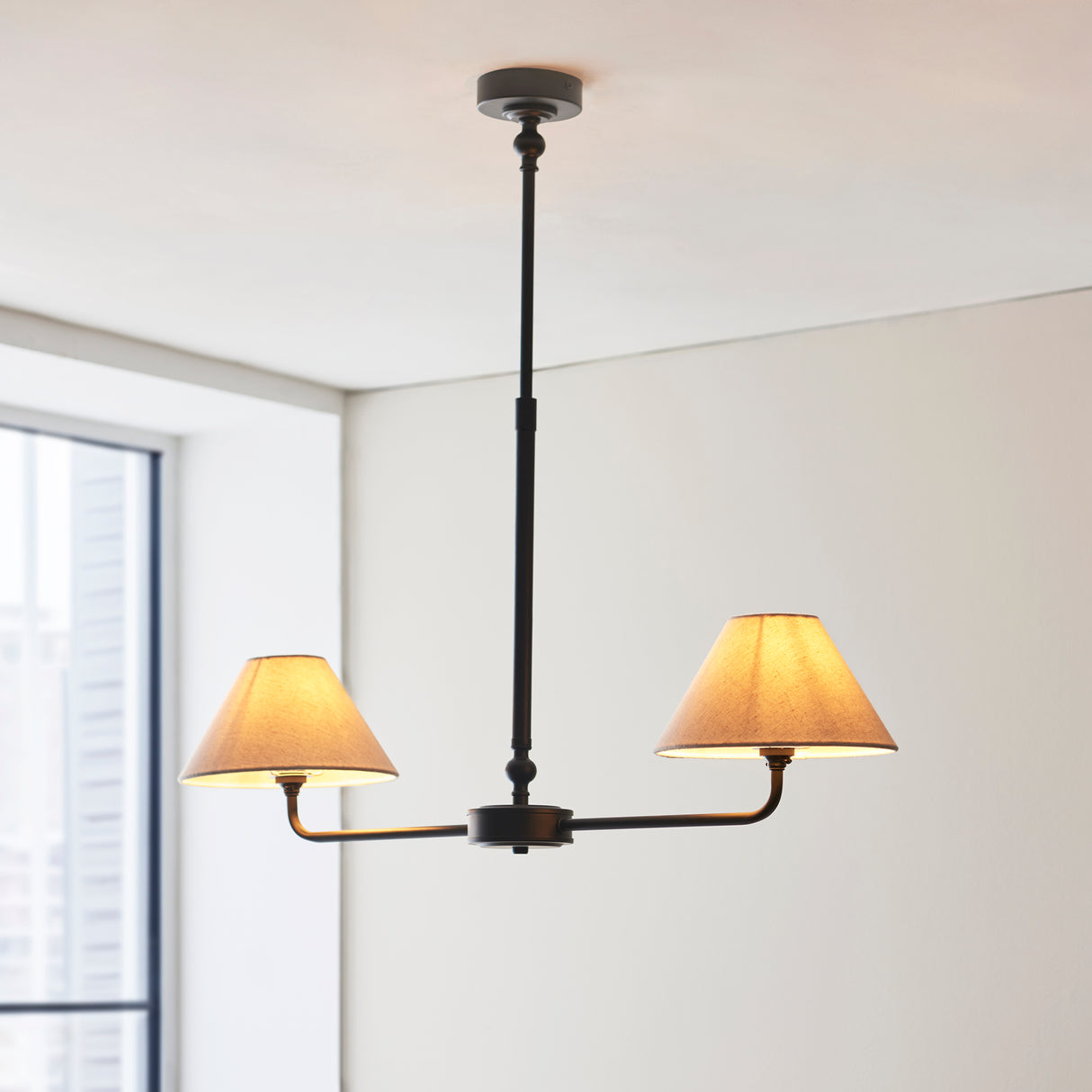 Endon Lille 2lt Linear Pendant Matt black & natural faux linen