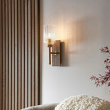 Endon Grove  Wall Dark beechwood & vintage brass with clear ribbed glass
