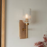 Endon Grove  Wall Dark beechwood & vintage brass with clear ribbed glass