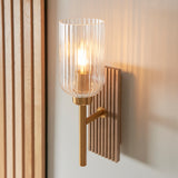 Endon Grove  Wall Dark beechwood & vintage brass with clear ribbed glass