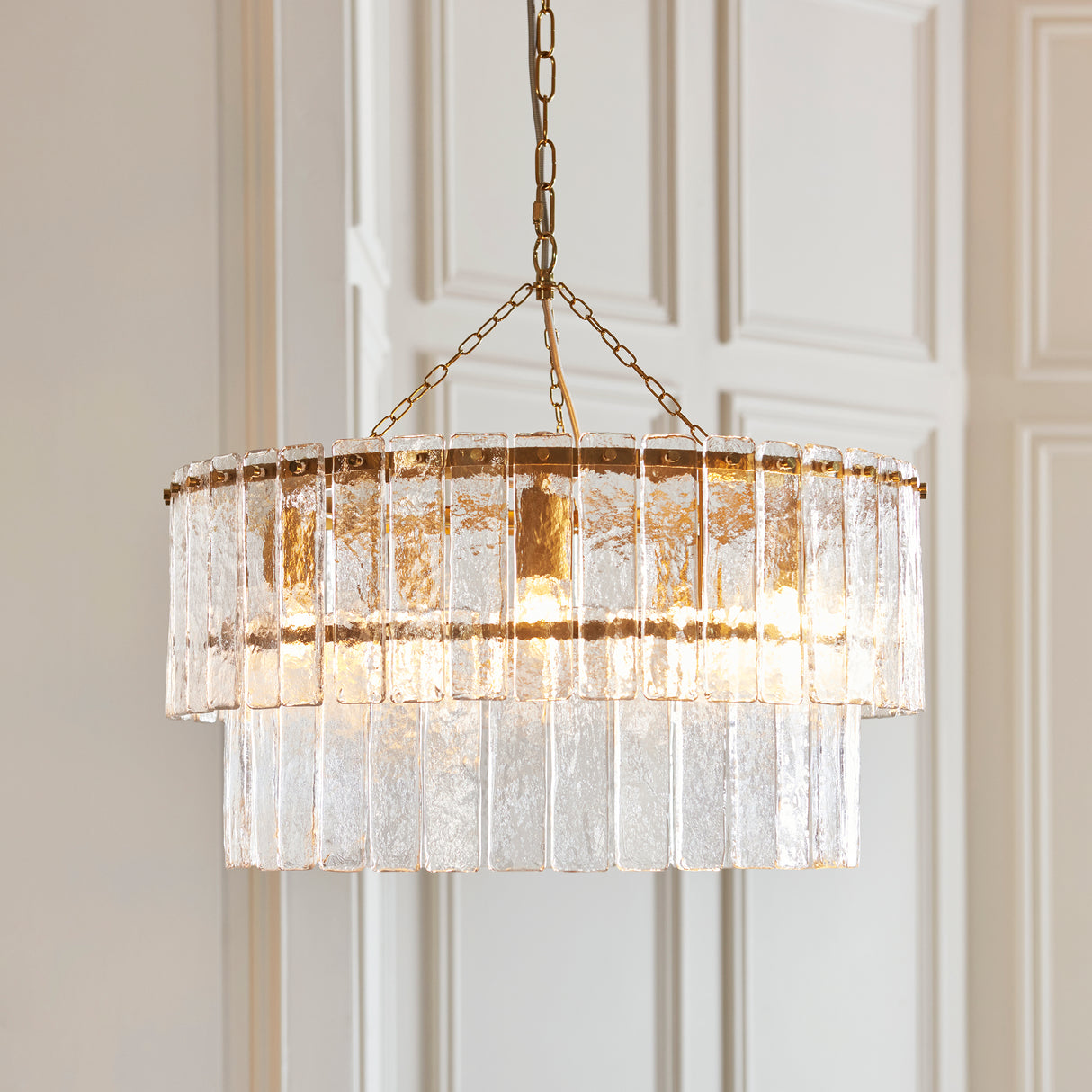 Endon Karine 5lt Tiered Pendant Brushed aged brass plate & clear handmade textured glass