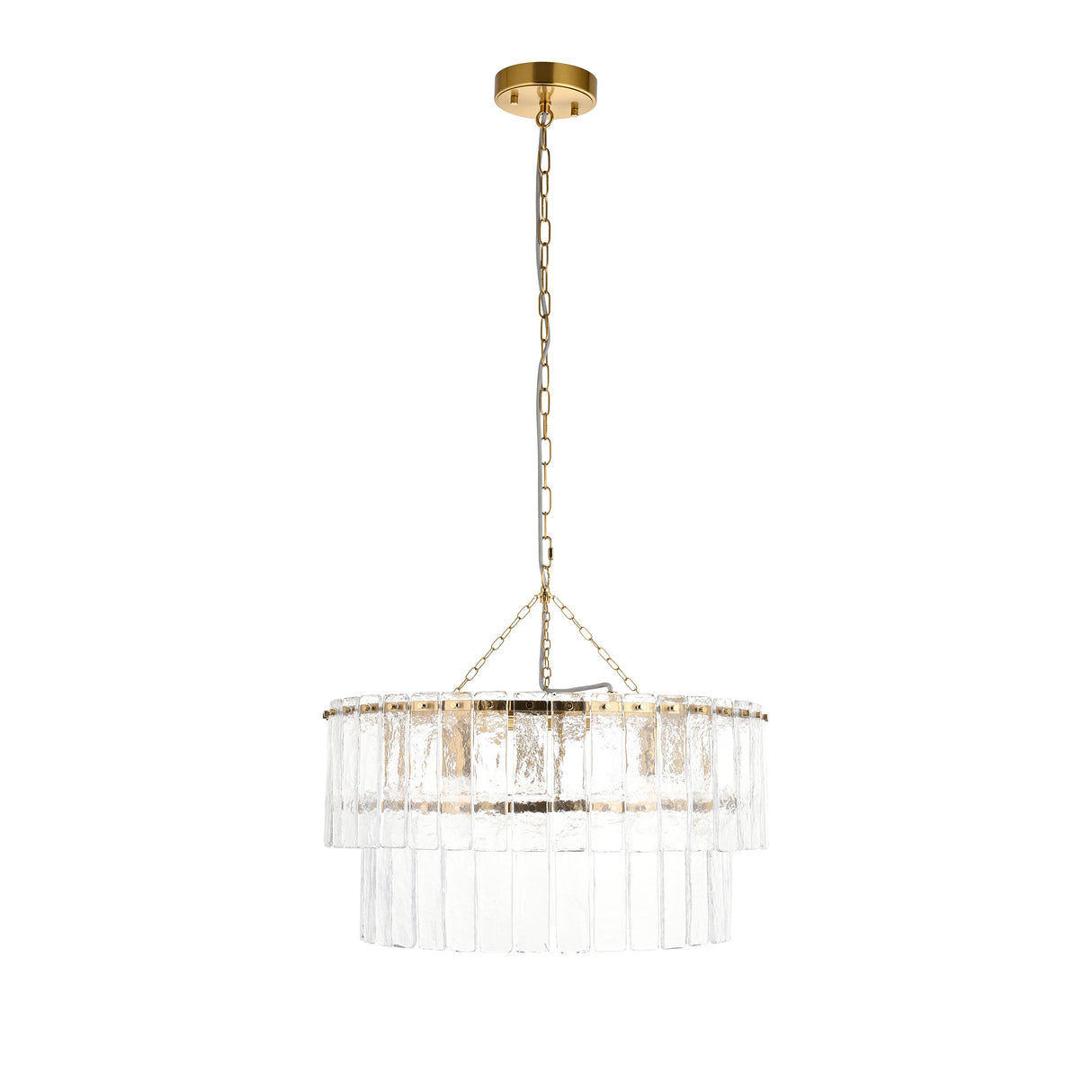 Endon Karine 5lt Tiered Pendant Brushed aged brass plate & clear handmade textured glass