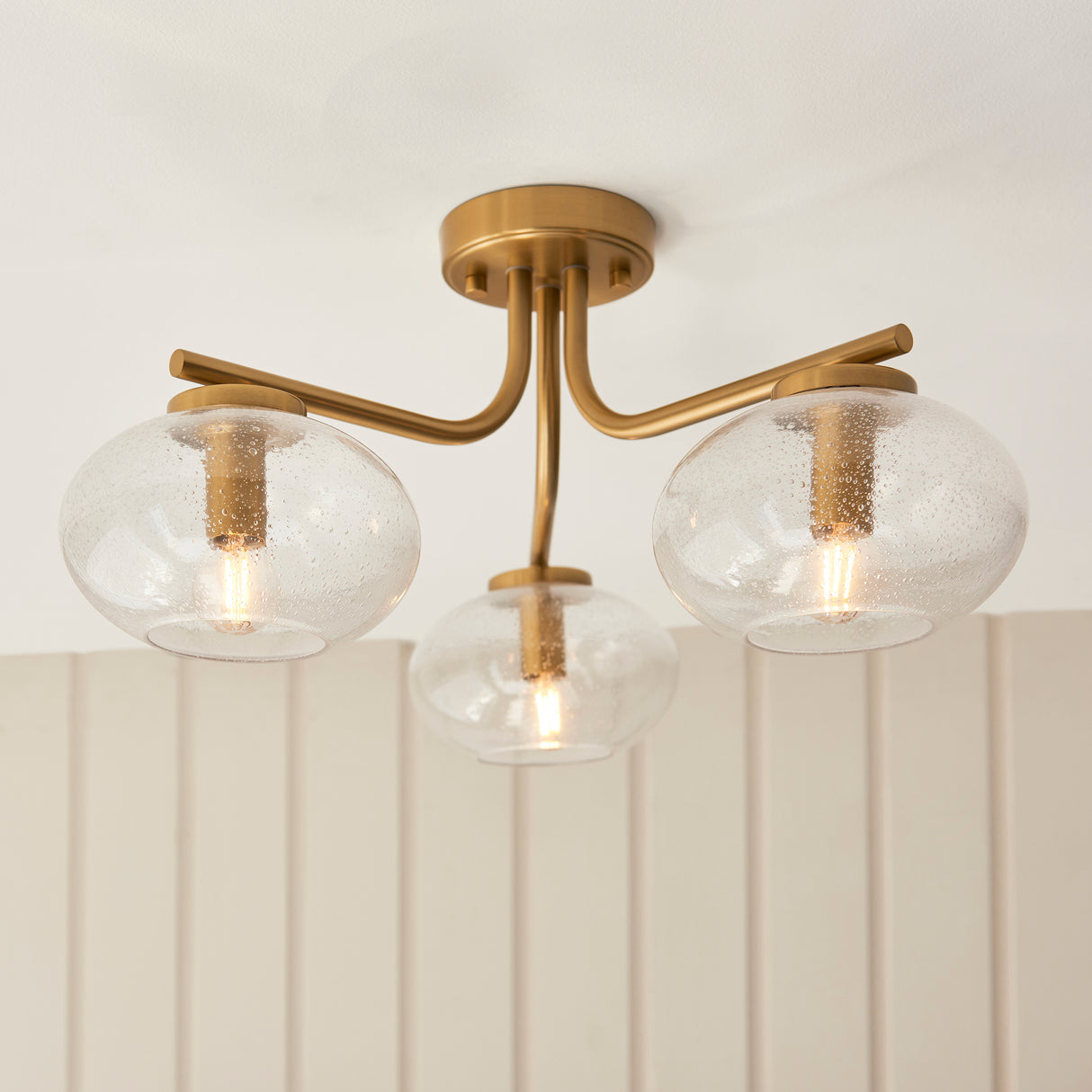 Endon Jacob 3lt Semi Flush Warm brass plate & clear bubble glass