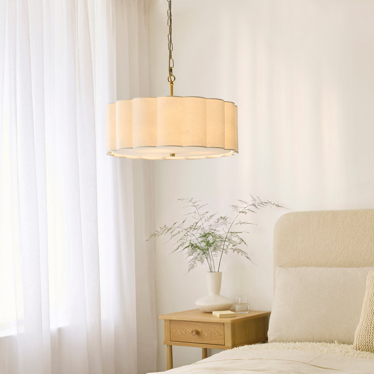 Endon Serene 3lt Pendant Brushed aged brass plate & vintage white cotton