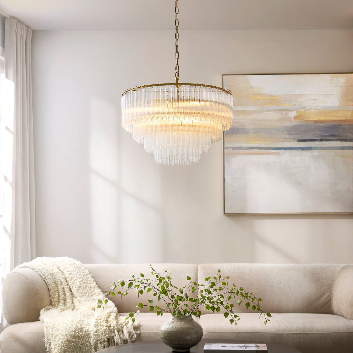 Endon Montpellier 6lt Pendant Brushed aged brass plate & clear ribbed glass