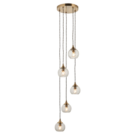 Endon Allegra 5lt Cascade Pendant Antique Brass & Clear Spiral Glass
