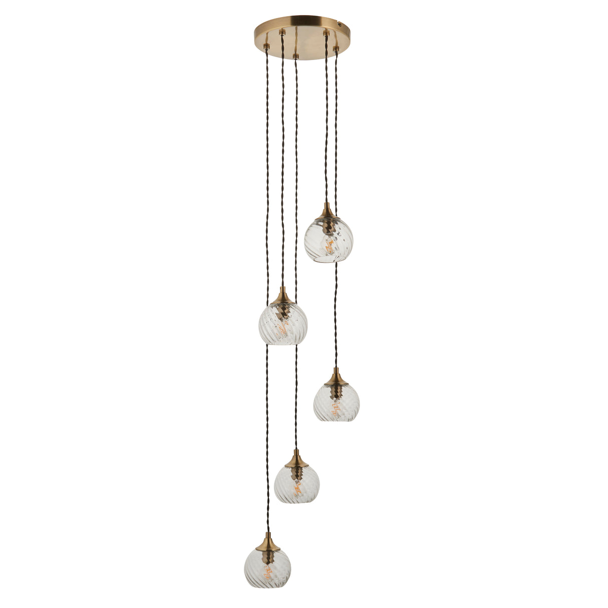 Endon Allegra 5lt Cascade Pendant Antique Brass & Clear Spiral Glass